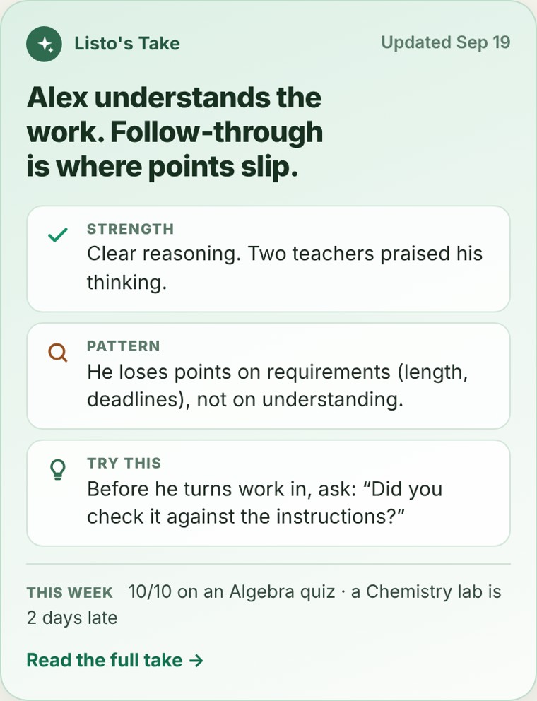 Listo's Take: a short read on a student's strength, a pattern to watch, and one thing to try