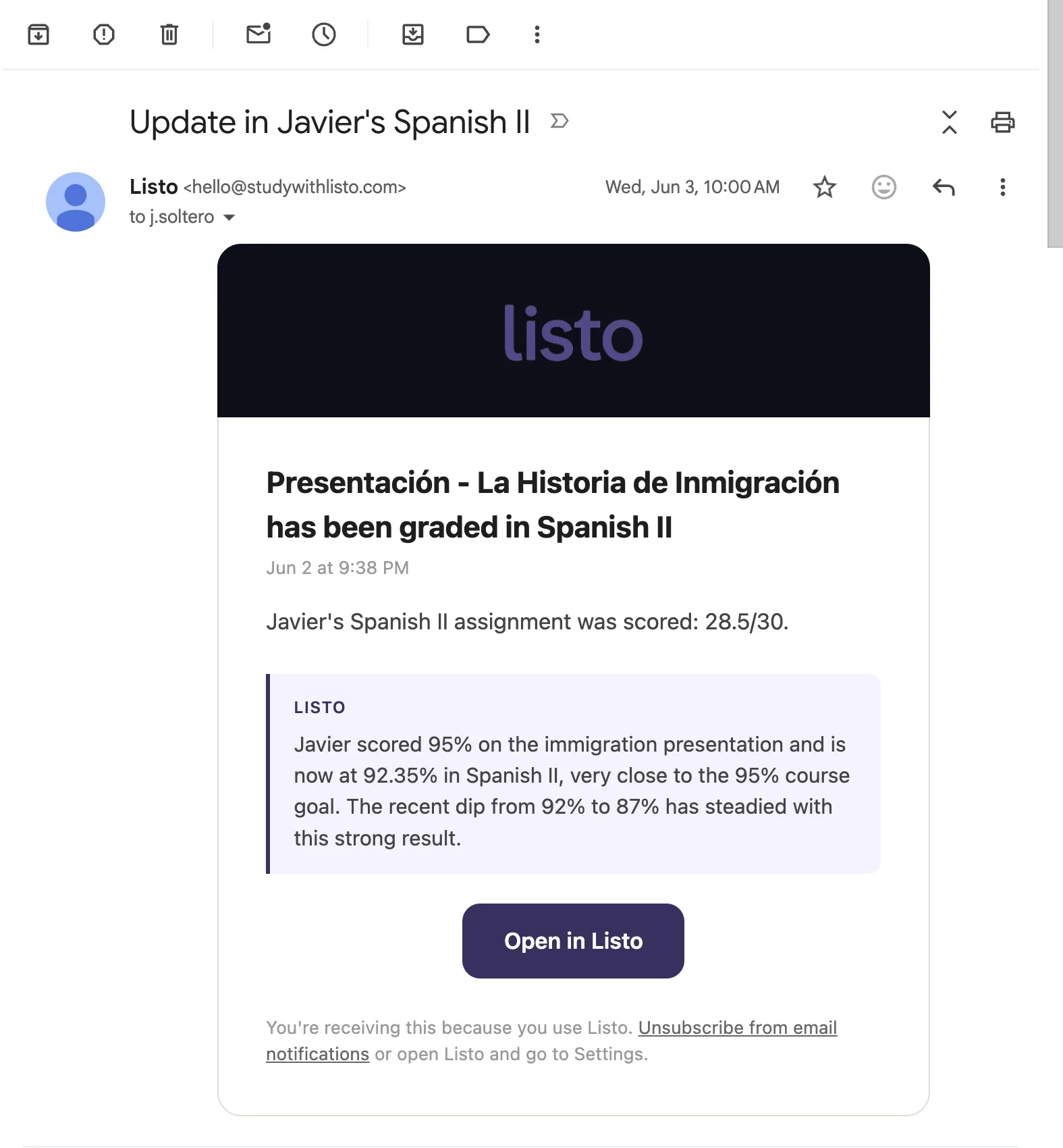 An email from Listo reporting a graded Spanish assignment, the resulting course average, and how the recent dip has steadied