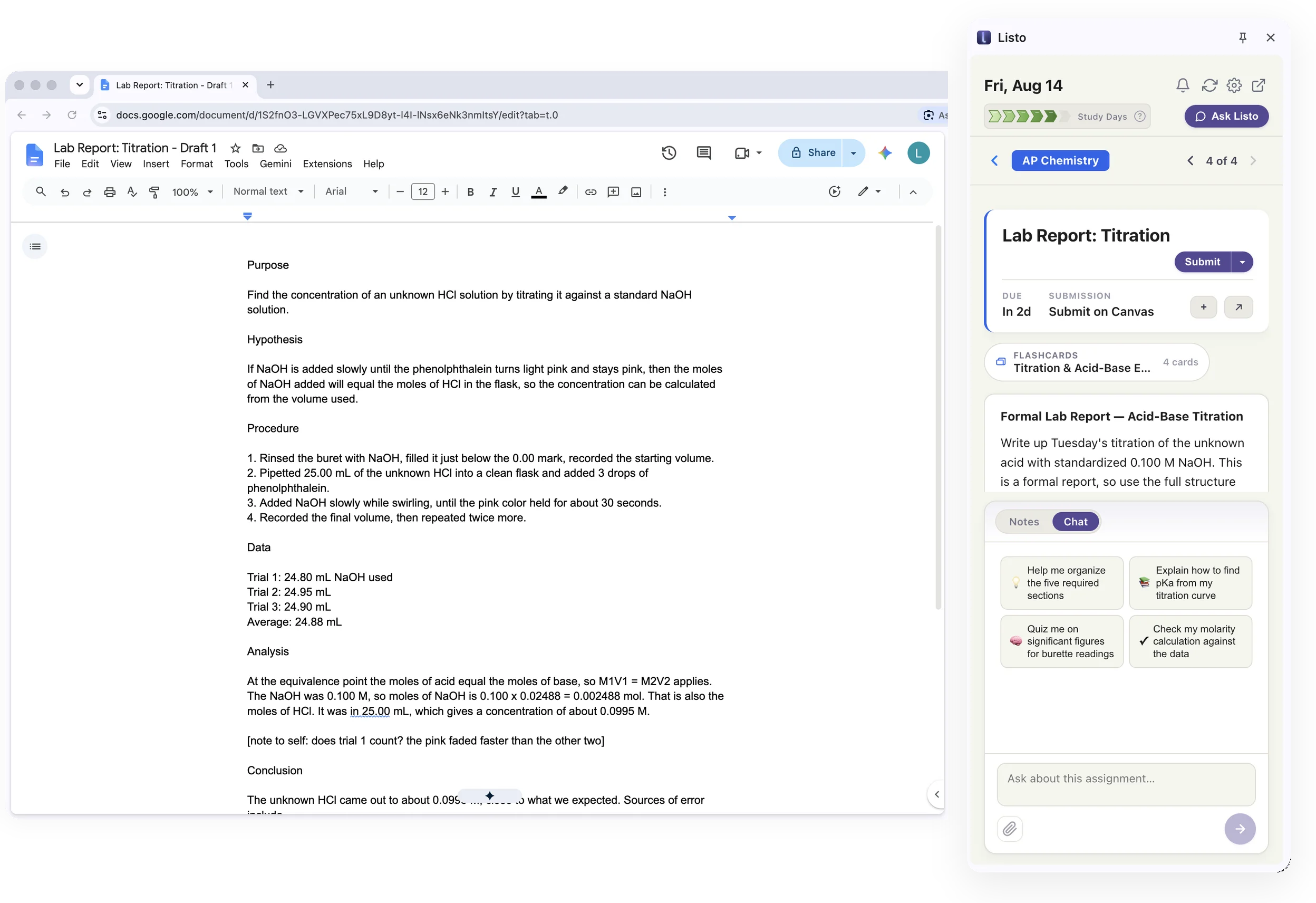The Listo Chrome side panel open beside a Google Doc, showing the assignment, when it is due, and how it gets submitted
