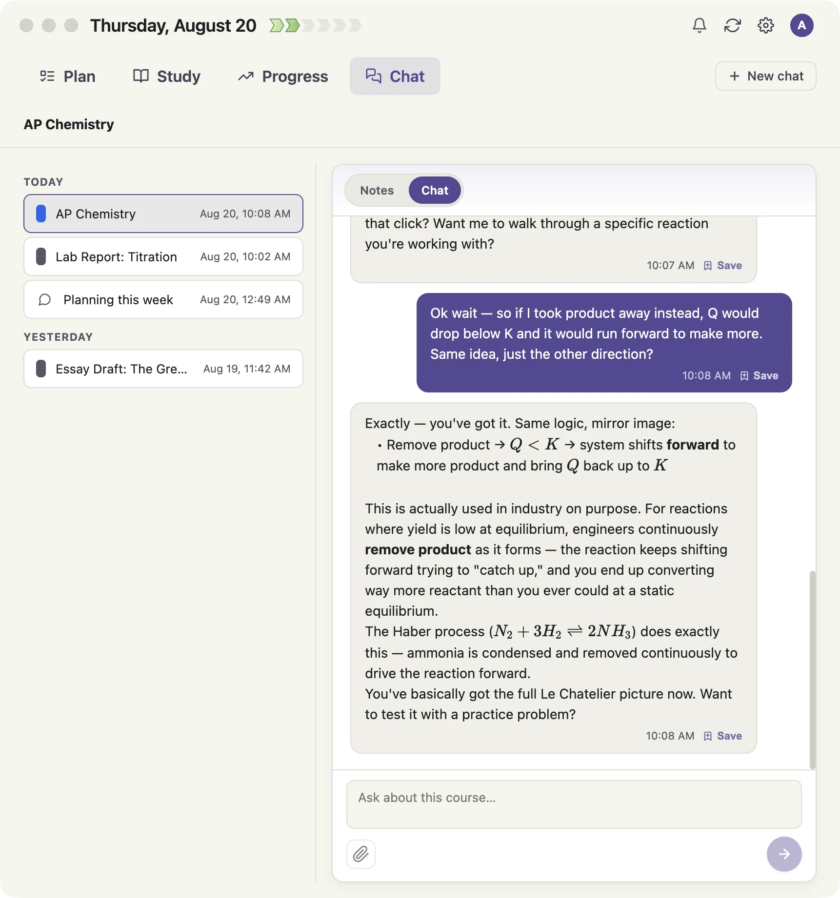 A Listo Chat exchange working through Le Chatelier's principle with a worked example
