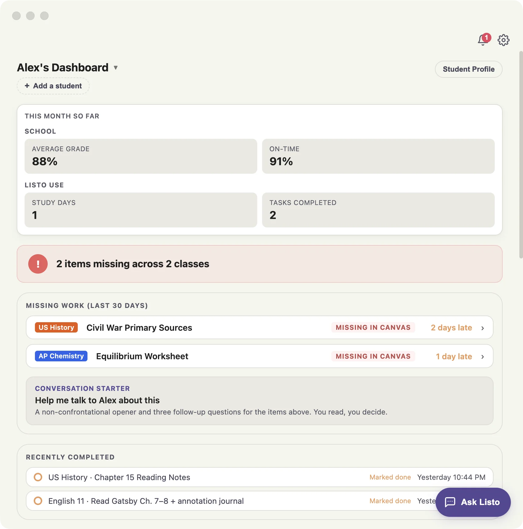 The Listo parent dashboard, with a student switcher, an on-time trend, missing work, and a conversation starter