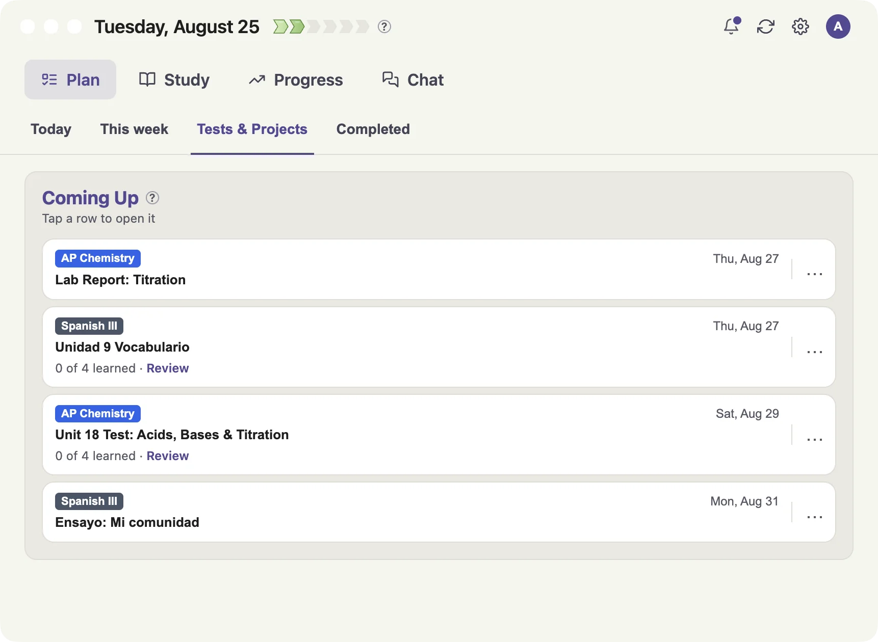 The Tests, Quizzes and Projects view in Listo, listing a lab report and an essay due later in the month