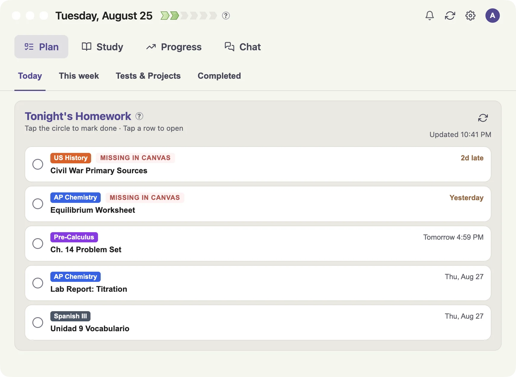 Tonight's homework in Listo, with overdue work flagged first, then what is due today and tomorrow